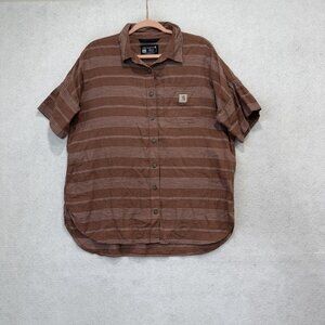 Carhartt Shirt Womens Large Brown Stripe Button Up Short Sleeve Loose Workwear